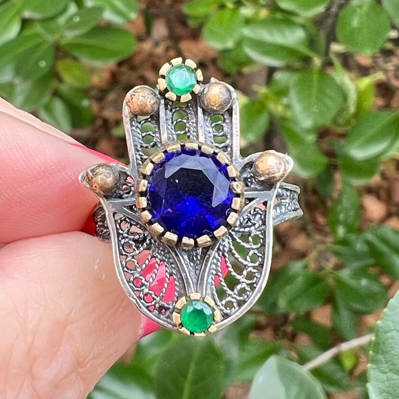 VINTAGE HAMSA VIVID BLUE GREEN PASTE GLASS STONES 925 STERLING SILVER UNIQUE